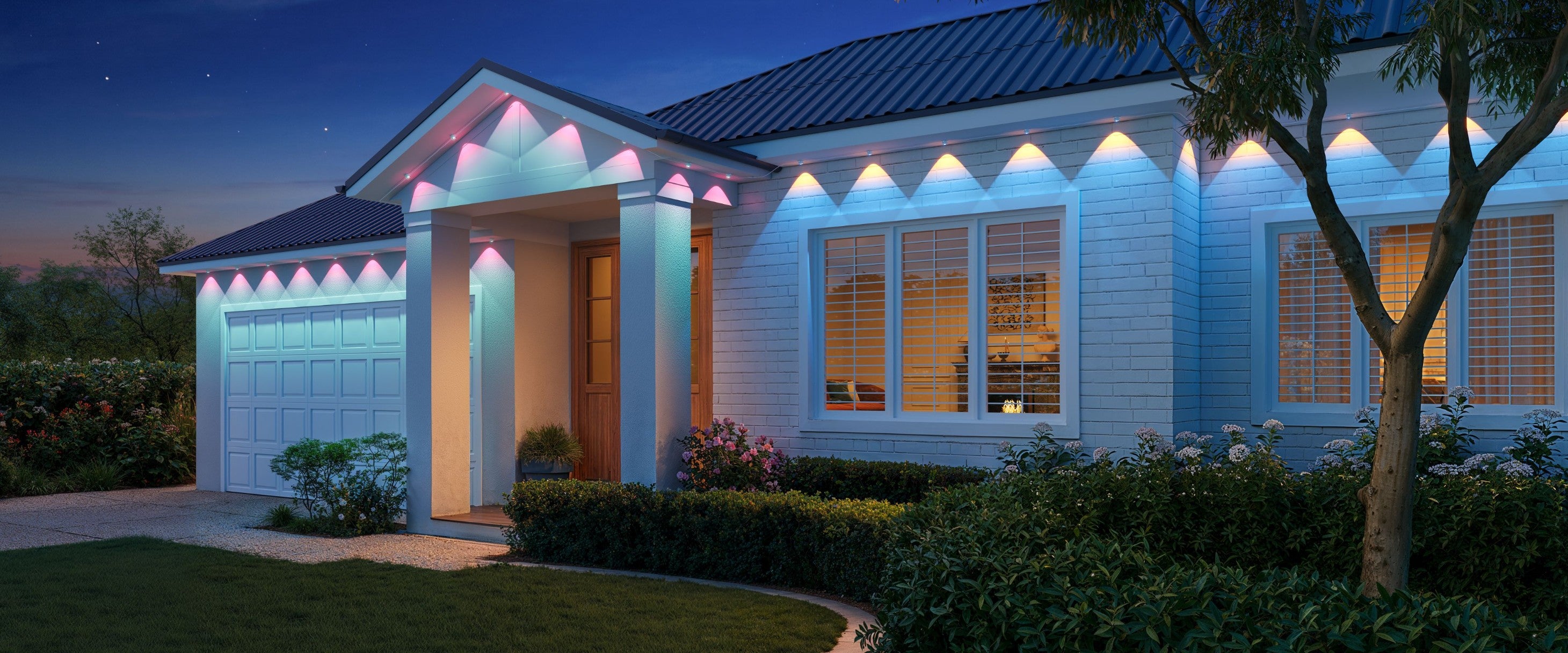 Original Govee Permanent Outdoor Lights 2 Pro exterior with two separate colored wall-wash layers