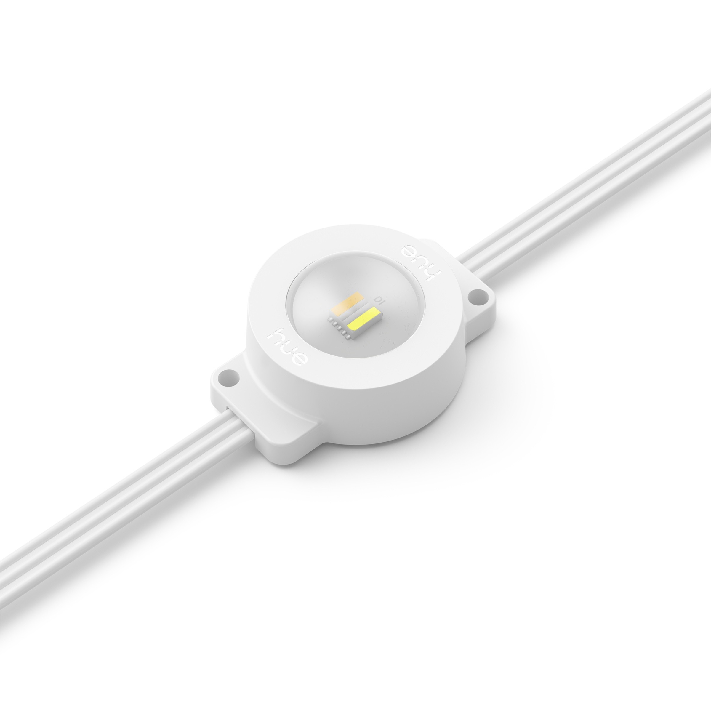 Original Philips Hue Festavia permanent outdoor round pod showing its lens, LEDs, screw holes and connecting cable